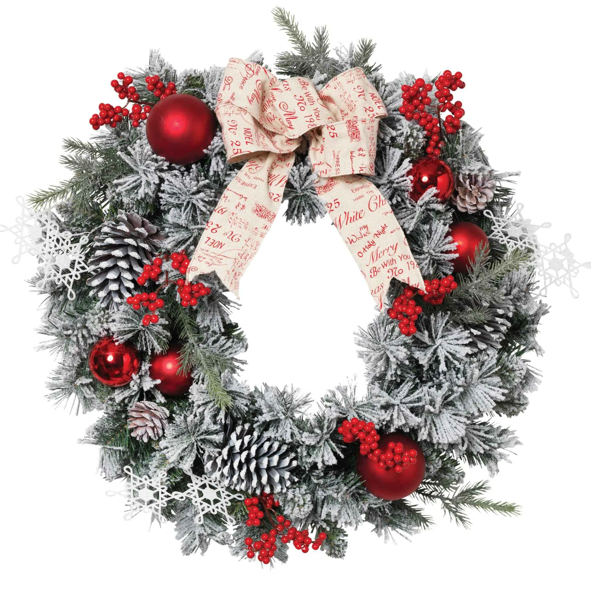 Gerson International 24 In Flocked Holiday Wreath With Bow, Berries And Ornaments