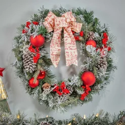 Gerson International 24 In Flocked Holiday Wreath With Bow, Berries And Ornaments