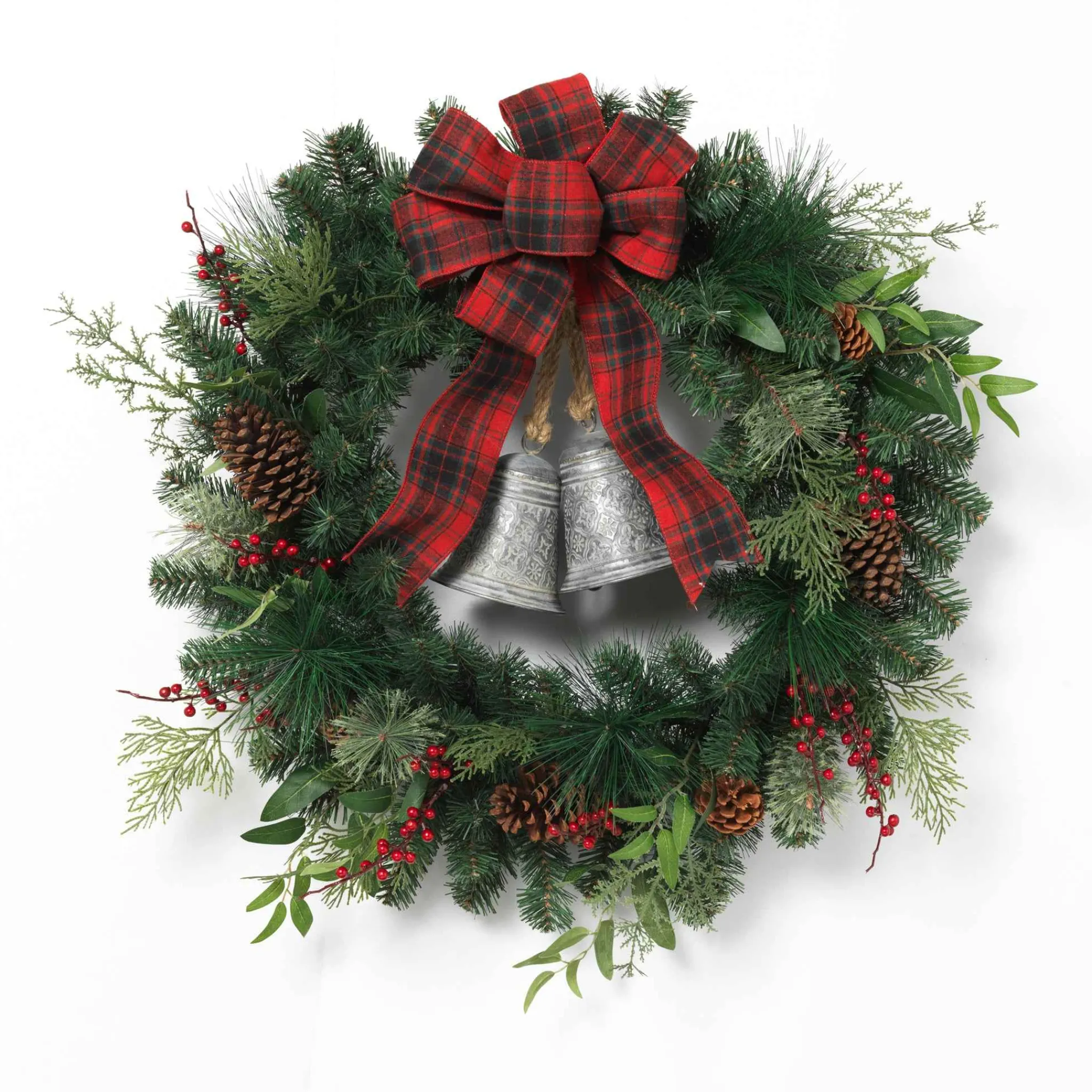 Gerson International 32 In Holiday Pine Wreath With Plaid Bow And Silver Bells