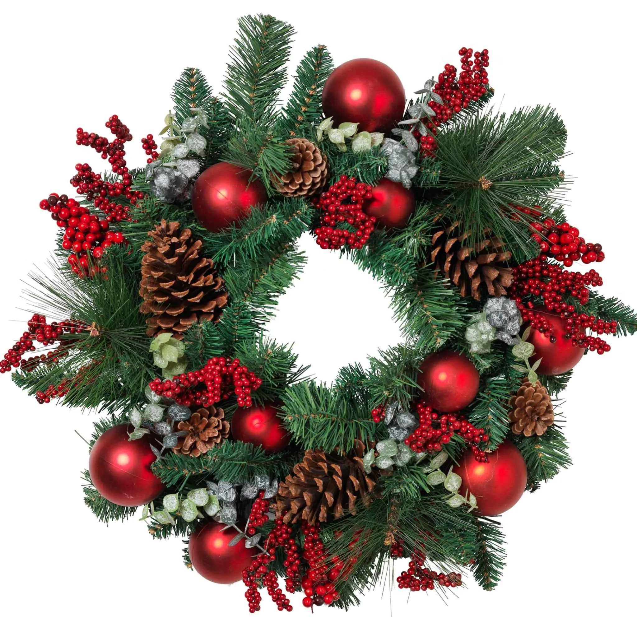 Gerson International 24 In Holiday Wreath With Pinecones, Red Berries And Ornaments