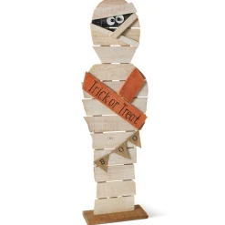 Gerson International 32 In Tall Wood Halloween Mummy, Spooky Decor With Boo Banner