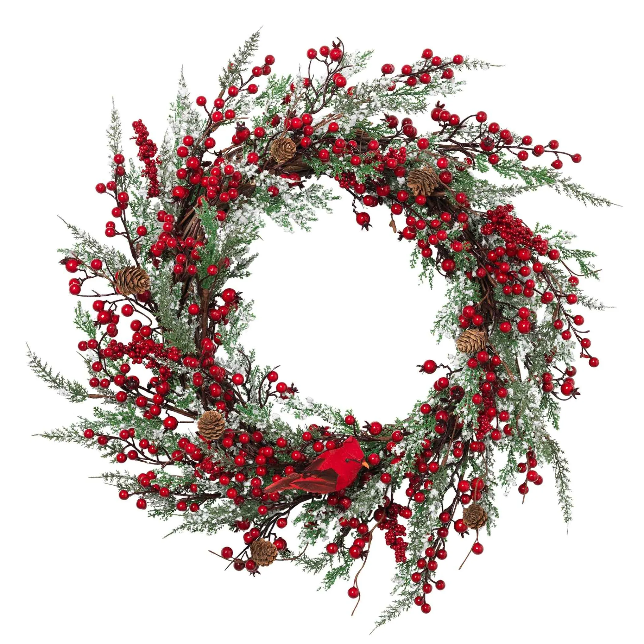 Gerson International 24 Inch Winter Holiday Wreath With Red Berries And Cardinal