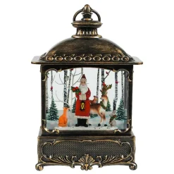 Arys Imports Antique Bronze Brushed Square Lantern With Led Light Up Santa With Deer Scene Spinning Glitter Waterglobe