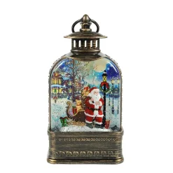 Arys Imports Antique Lantern With Led Light Up Santa With Toy Sack Scene Spinning Glitter Waterglobe