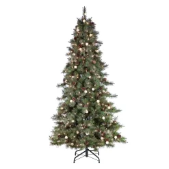 Gerson International 7.Ft Pre-Lit Mixed Needle Arcadia Fir Christmas Tree With Pinecones And Clear/Warm White Led Lights