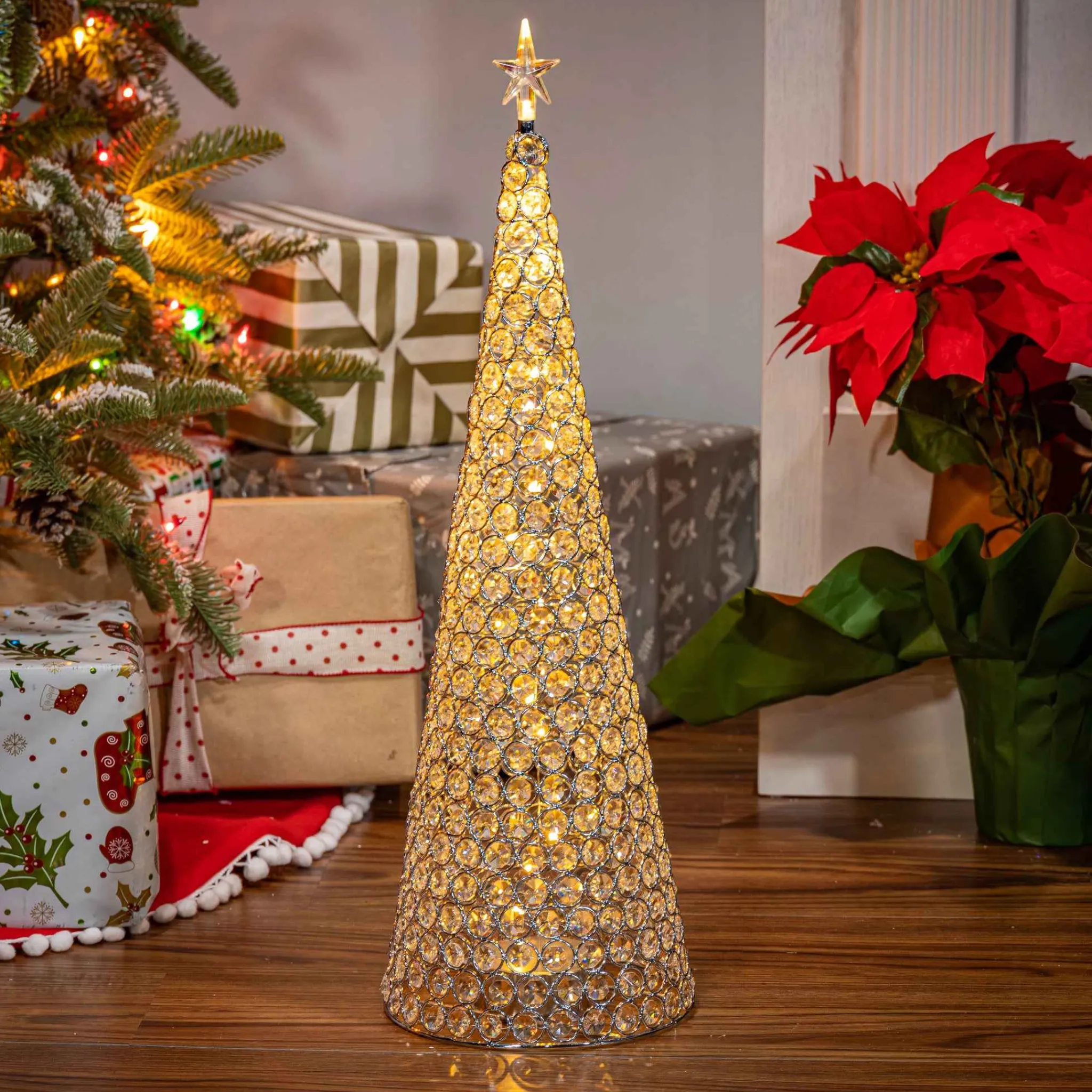 Gerson International 23.8-In H Battery- Operated Lighted Jeweled Cone Tree, Silver