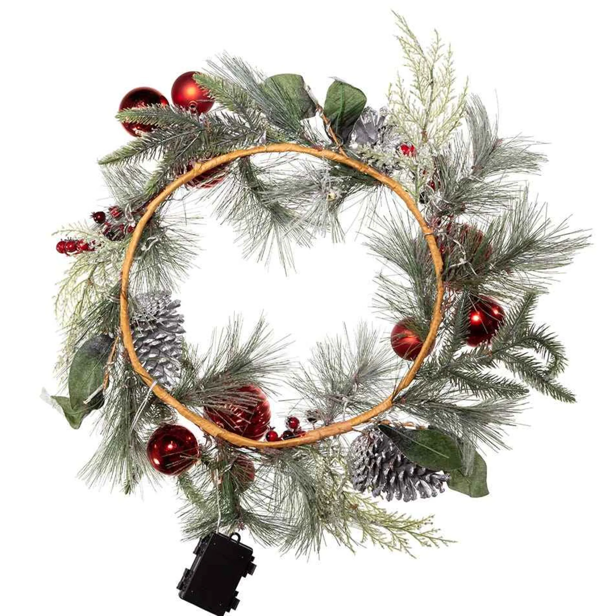 Kurt Adler 22-Inch Battery-Operated Red Berries, Balls And Silver Pinecone Wreath