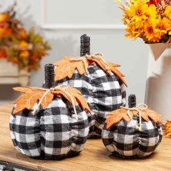 Gerson International Set Of 3 Assorted Sized Fabric Black And White Plaid Pumpkins Harvest Decor With Leaf Accent