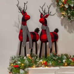 Gerson International Set Of 2 Christmas Holiday Deer Figurines, Red And Black Plaid