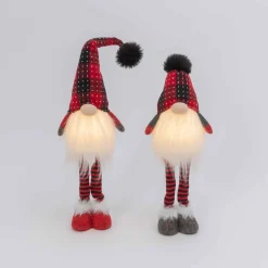 Gerson International Set Of 2 Lighted Plush Red And Black Plaid Holiday Standing Gnomes, Battery Operated