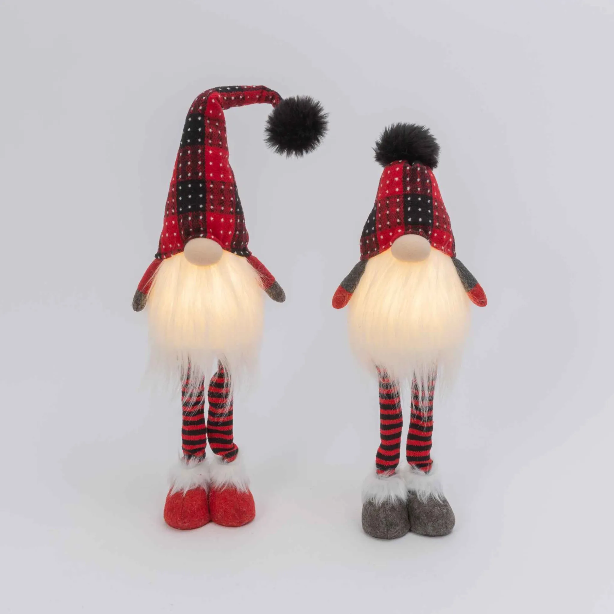 Gerson International Set Of 2 Lighted Plush Red And Black Plaid Holiday Standing Gnomes, Battery Operated