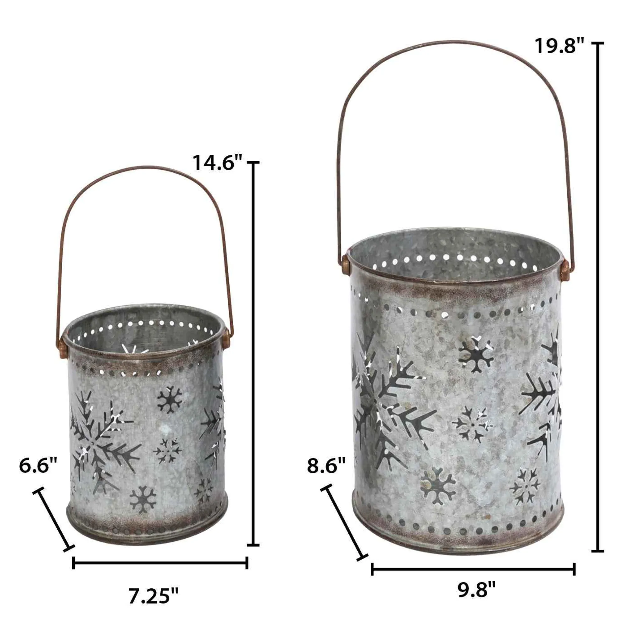Gerson International Set Of 2 Nesting Metal Galvanized Snowflake Luminaries, Lg Is 19.8-In H (Including Handle)