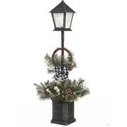 Gerson International Vintage Lantern Post With Wreath And Micro Led Lights, Timer