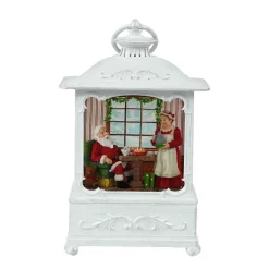 Arys Imports White Antique Lantern With Led Light Up Santa And Mrs Claus Scene Spinning Glitter Waterglobe