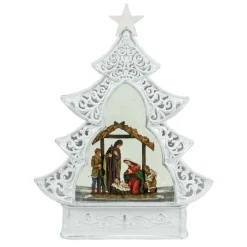 Arys Imports White Scroll Design Christmas Tree With Led Warm White Light Up Nativity Holy Family Scene Spinning Glitter Waterglobe